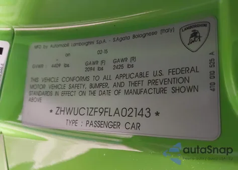 2015 Lamborghini Huracan Lp610-4 z USA, uszkodzony, nr VIN ZHWUC1ZF9FLA02143